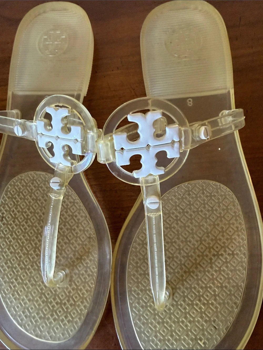Tory Burch Clear Jelly Thong Sandals with White Logo Medallion